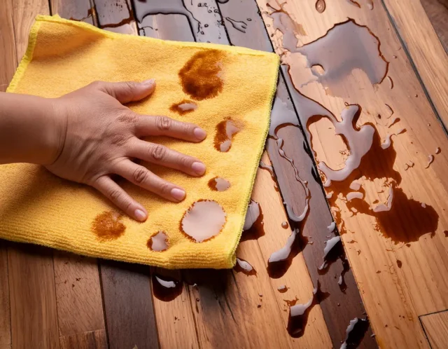 mano che pulisce un pavimento sporco di macchie di caff&egrave; - Pulire il Parquet 5 Semplici Passi per un Pavimento Perfetto 