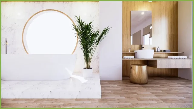 un bagno dallo stile Mediterraneo come ricreare l'atmosfera estiva. esempio di bagno con vasca ad una pianta accanto