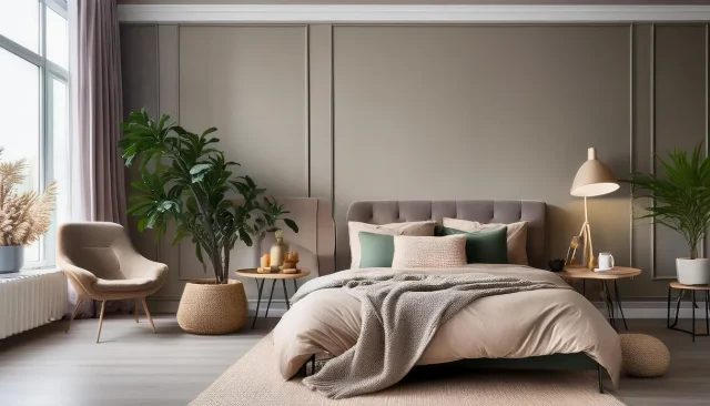 esempio di camera da letto con pareti di colore greige