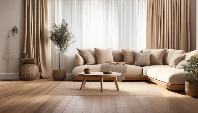 salotto con pavimento in legno e tenda greige