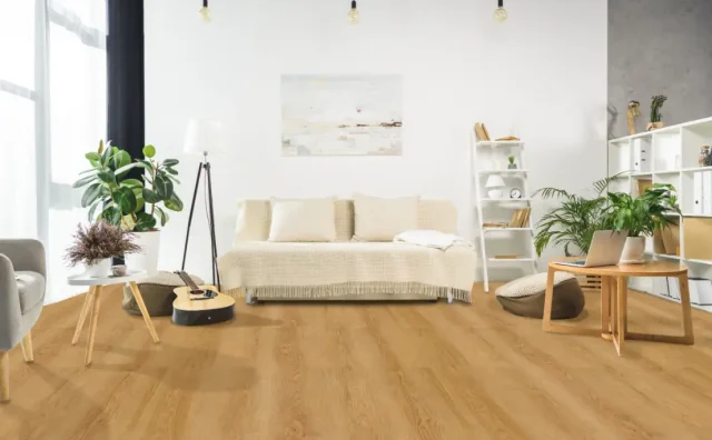 pavimenti in spc click - esempio di salotto con pavimento spc effetto legno rovere finto parquet